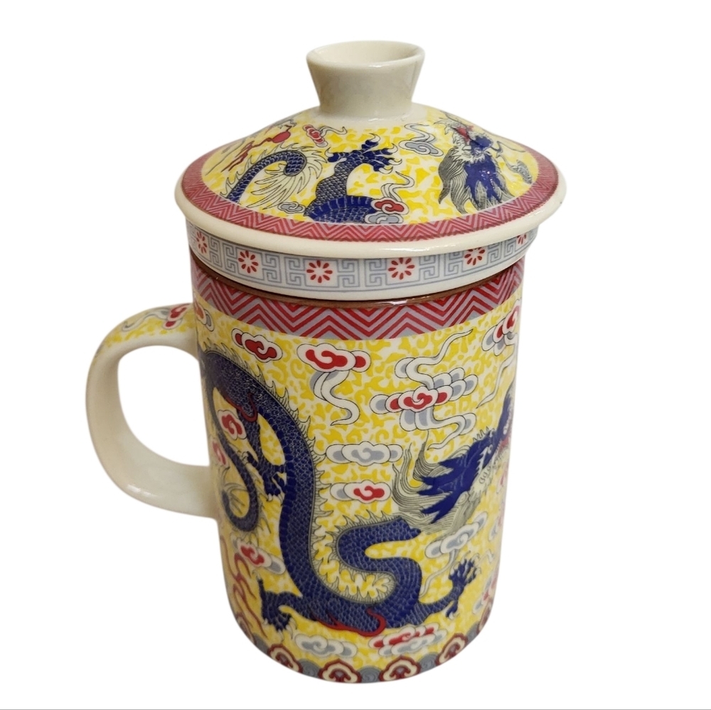 Generic Long Yi Chinese Porcelain Yellow Dragon Design Mug Cup With Lid